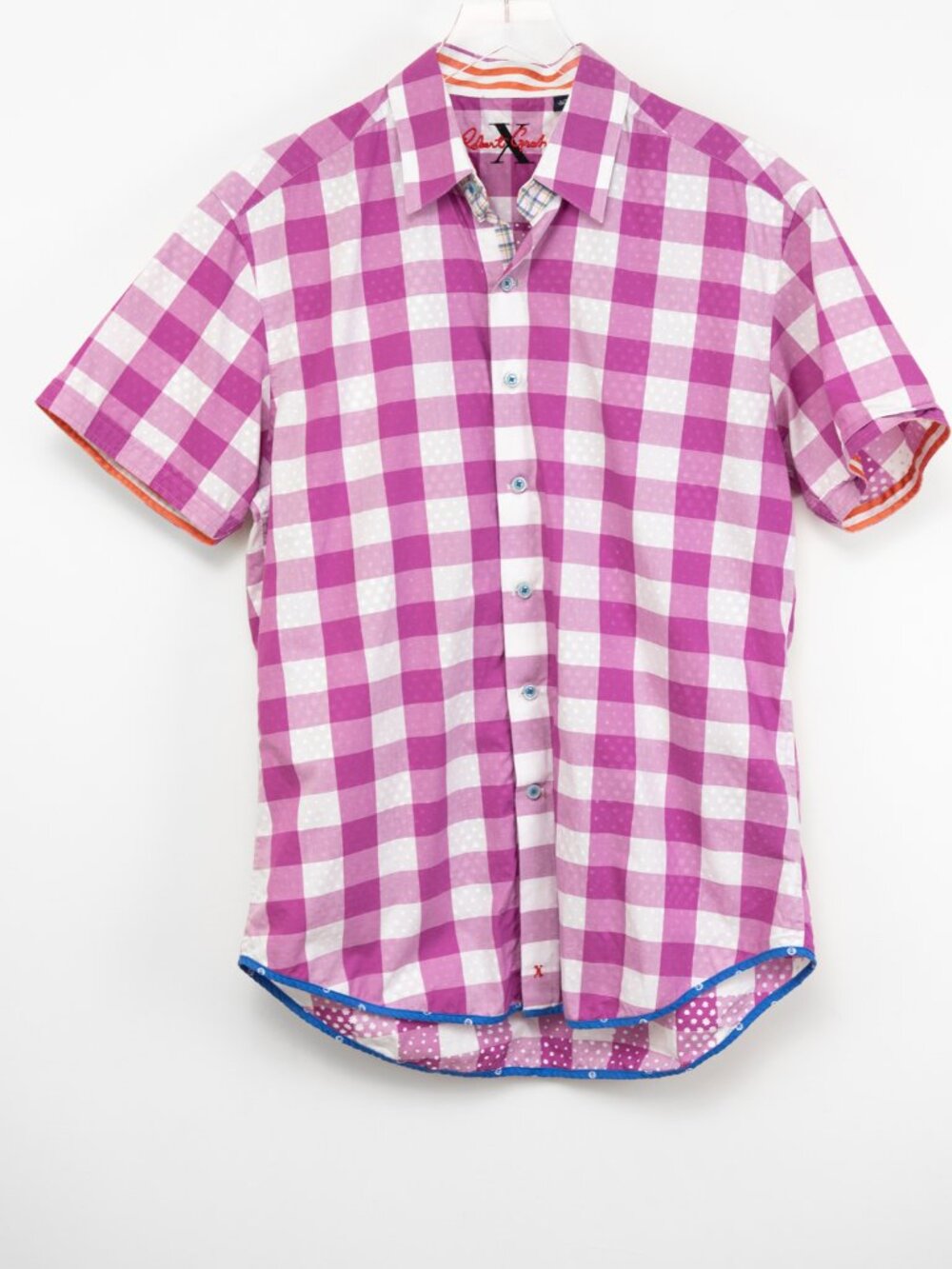 Robert Graham Short Sleeve Button Front Shirt Buffalo Check Pink White Large